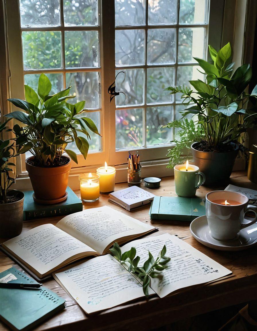 A serene and inviting workspace featuring an open journal with handwritten notes, surrounded by colorful art supplies, a steaming cup of herbal tea, and a soft glowing candle. The background shows a window with soft natural light filtering through, illuminating a blooming plant and a vision board filled with inspiring quotes and images. The mood is tranquil and introspective, capturing the essence of personal empowerment and self-discovery. super-realistic. vibrant colors. soft focus.
