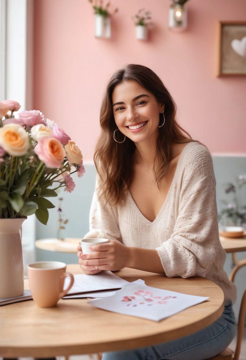 A confident independent woman sitting at a cozy cafe table, smiling as she reads a love letter, surrounded by soft pastel decor, with subtle heart motifs in the background. Include elements like a warm cup of coffee and blooming flowers. The scene conveys empowerment and romance, celebrating love and independence. vibrant colors. cozy atmosphere.