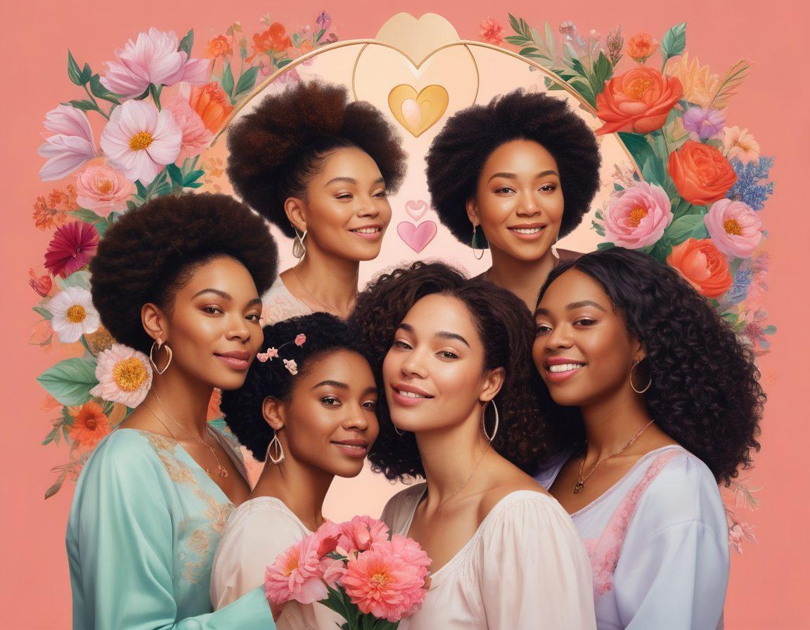A collage of diverse women of various ages celebrating together, surrounded by symbols of love, self-discovery, and empowerment such as hearts, mirrors, and blooming flowers. The scene should capture joy, strength, and unity, with soft pastel colors enveloping the background. Include elements representing different cultures and backgrounds to emphasize inclusivity. super-realistic. vibrant colors. warm lighting.